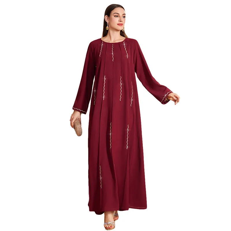 DDS23053 Muslim women's long sleeved round neck diamond studded dress