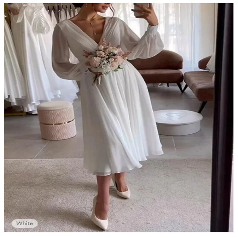 

Simple Wedding Dresses Little White Dress Bridal Shower Dresses Wedding Dresses A-Line V Neck Long Sleeve Chiffon Bridal Dress