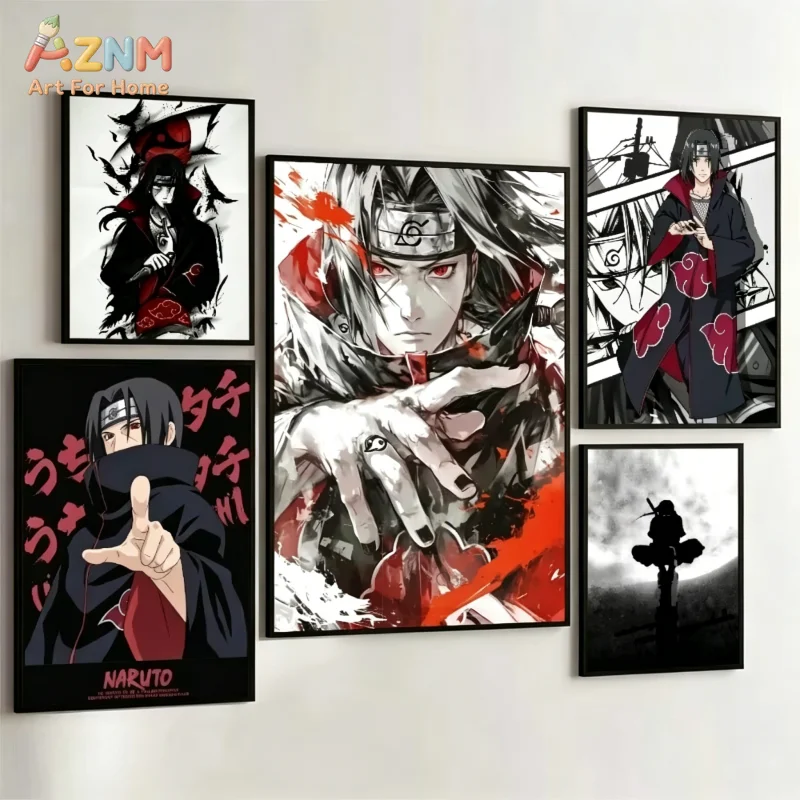 AZNM Uchiha Itachi Naruto Anime Canvas Painting Black White Red Wall Art Poster Modern Home Bedroom Decor