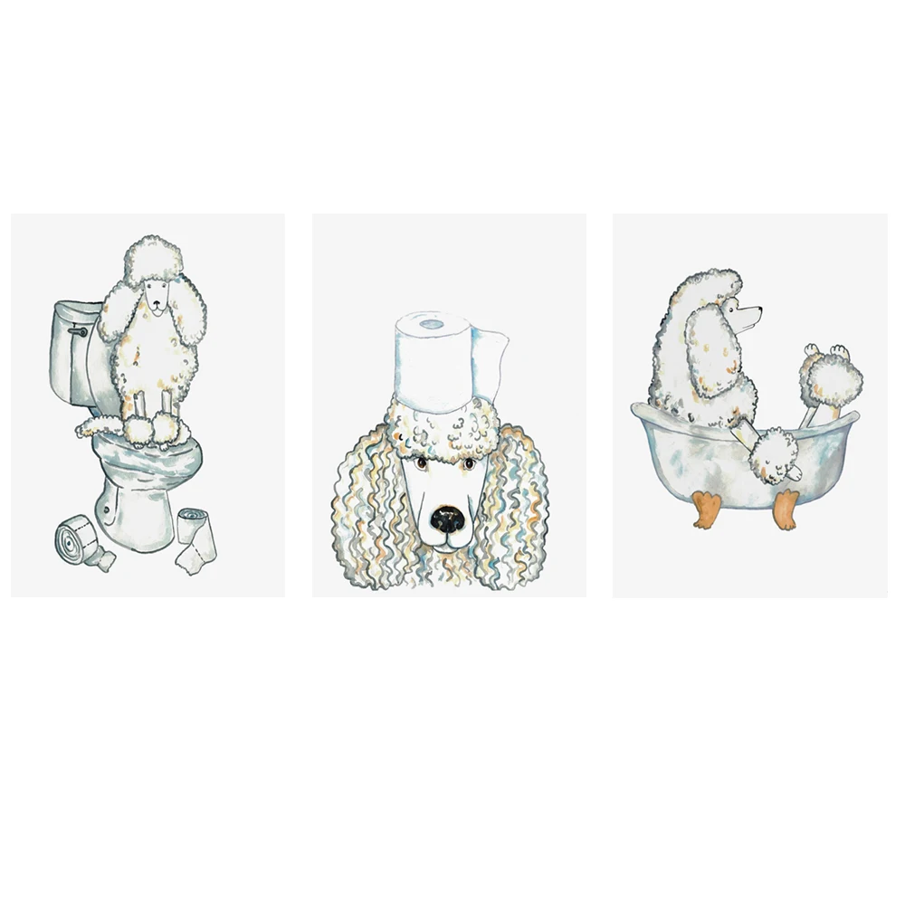 White poodle watercolor art print, white poodle pet painting fun bathroom tub vanity decor, home toilet poster