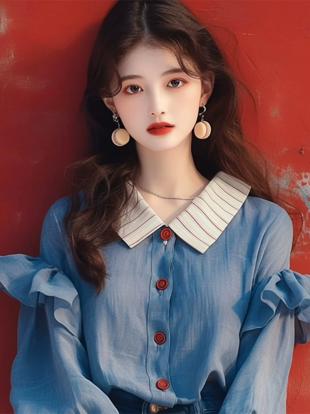 

Blue Oversized Long Sve irt Women's Spring Autumn Korean Design Sense Floral Commute Sle Pure Color Button up Top