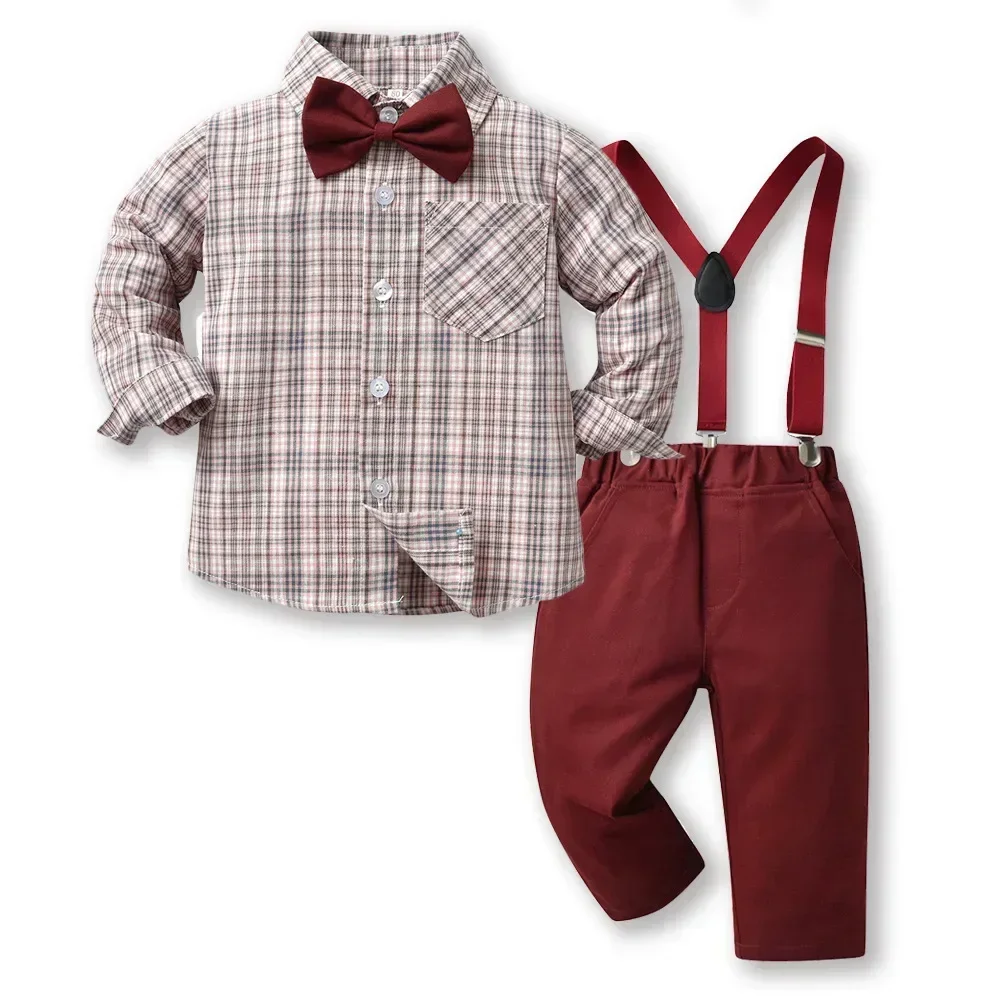 Boy\'s Autumn Long Sleeve Plaid Shirt and Strap Pants Set boy Boys\' Strap Pants Set boy red Strap Pants 70cm-160cm cotton shirt