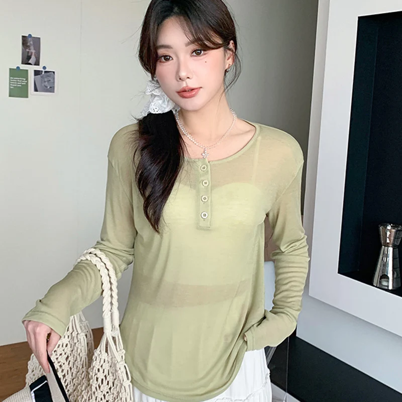 Summer Button Long-sleeve T-shirts For Women Beach O-neck Transparent Woman Tops Solid Tencel Women T-shirts