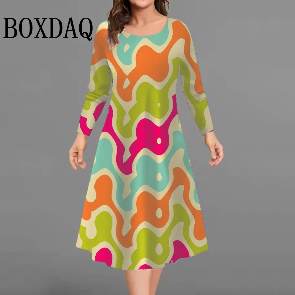 New 2025 Autumn Winter Dresses Fashion Women Colorful 3D Printed Long Sleeve Dress Casual Pullover Female Plus Size Clothing 9XL