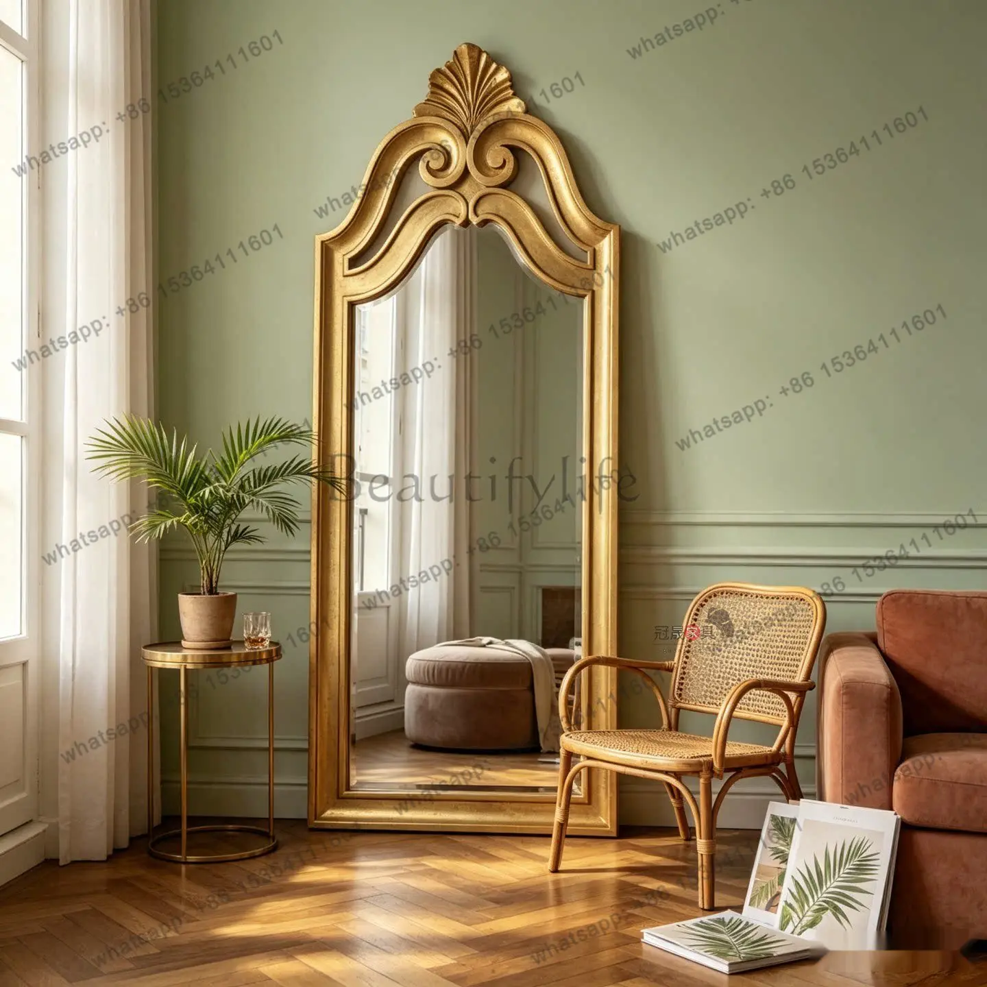 European retro French carved living room floor-to-ceiling full-length mirror cloakroom wall-mounted luxury fitting mirror