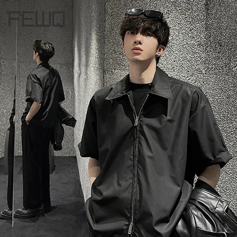 FEWQ Korean Summer Short Sleeved Design Niche Zippered Men's Shirt Loose 2024 Solid Color Darkwear Zipper Tops 24E1223