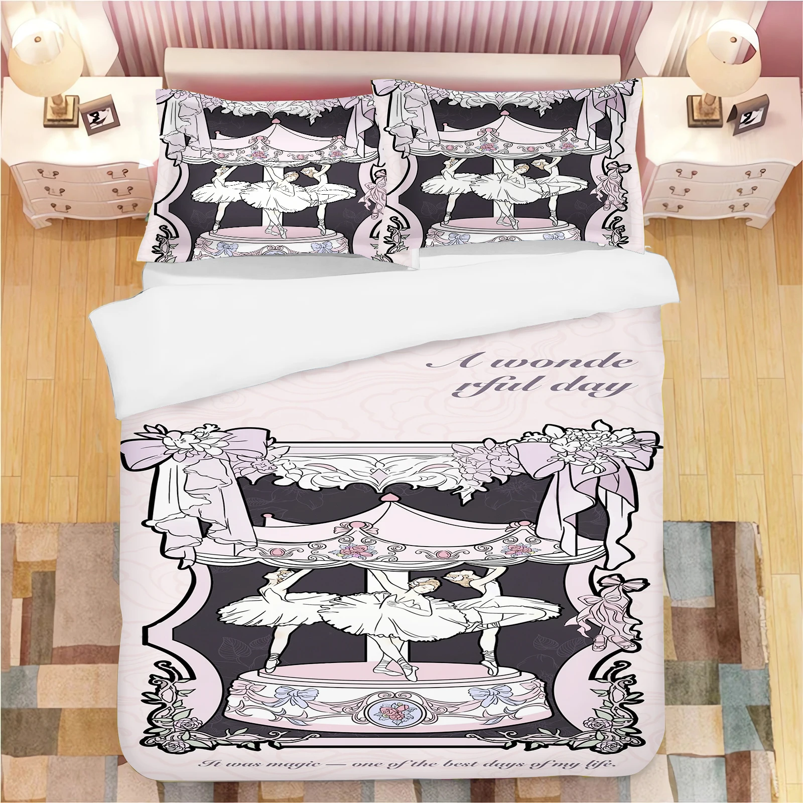 

Пододеяльник с принтом балерины, 2/3 предмета, различные размеры, мягкий, можно стирать в машине.