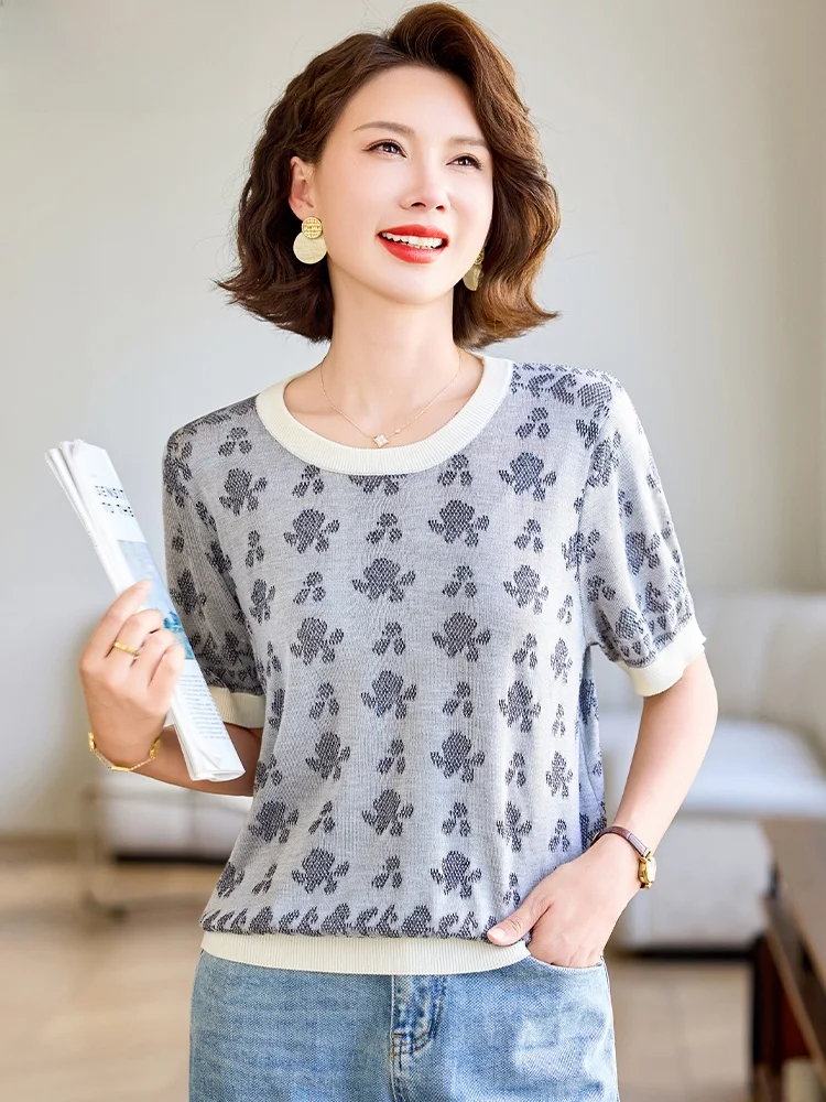 

Ice Silk ort Sve T-irt Mom Sle Knitted Summer Faion Middle Age Women's Clothing Breathable Lightweight round Ne Top