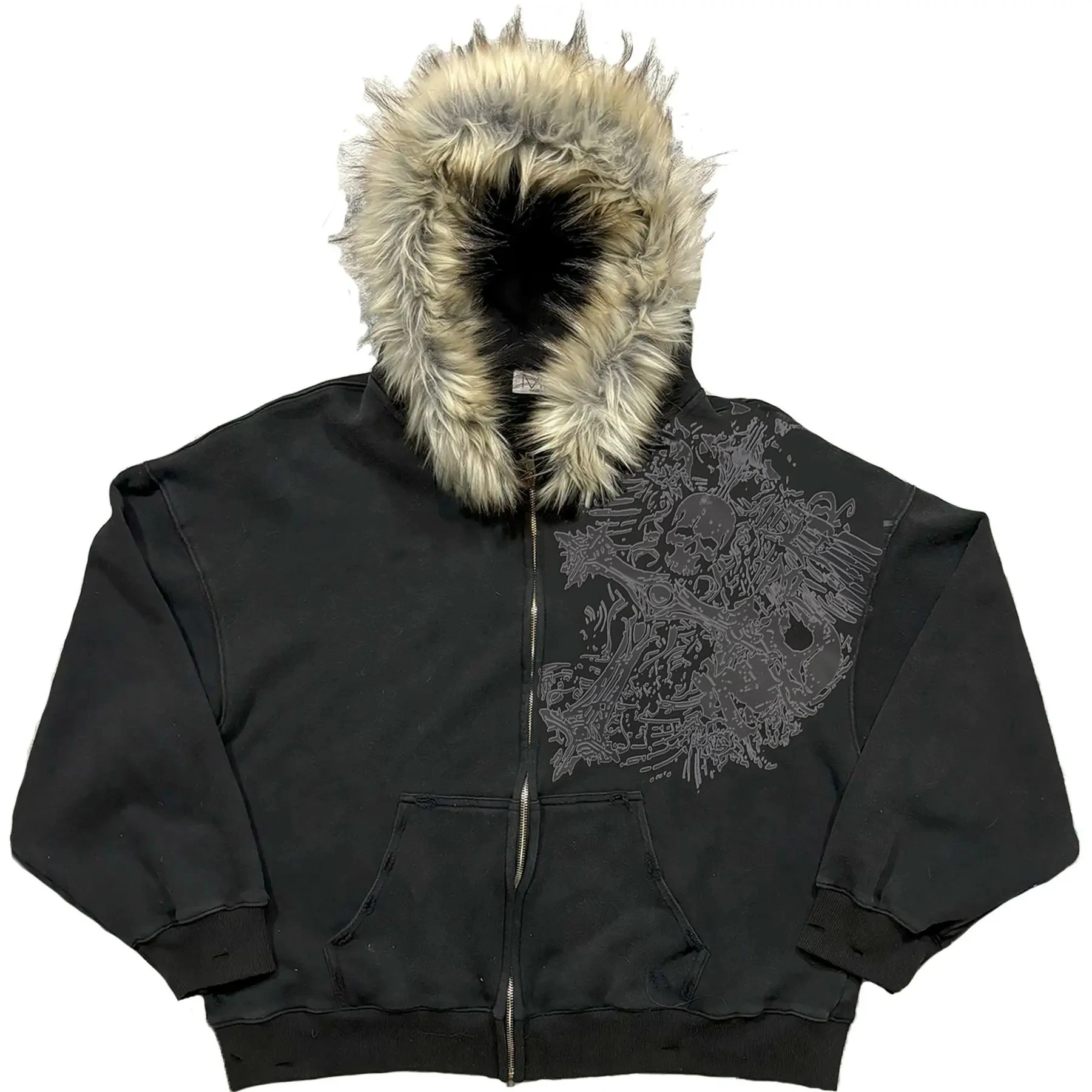 Chaqueta decorativa de estilo europeo y americano con borde de felpa con estampado de texto, chaqueta informal Harajuku