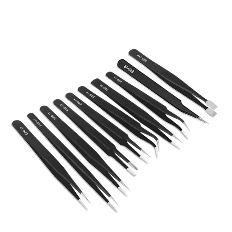 Stainless Steel Antistatic Tweezers Set 10pcs Precision Professional Tweezers for Electronic Repair Maintenance Work