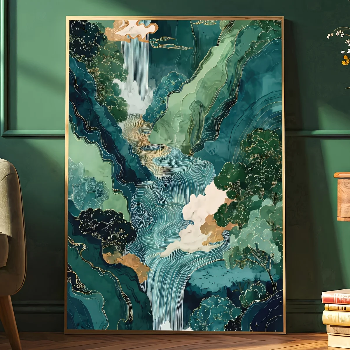2D Flat, 2D Flat, 1pc Frameless Japanese Waterfall Art Poster, Ukiyo-E Japanese Waterfall Art Canvas Painting, Creative Wall