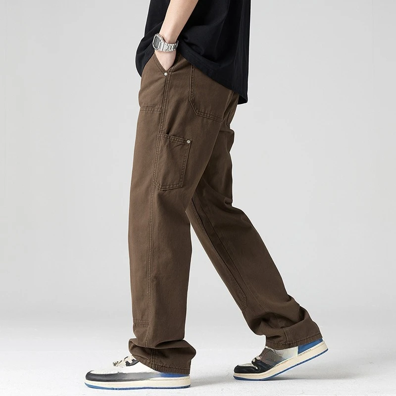 أزياء رجالية أمريكية جديدة بلون سادة غير رسمية عصرية فضفاضة مستقيمة مقسمة سراويل عالية الشارع ملابس خروج للرجال