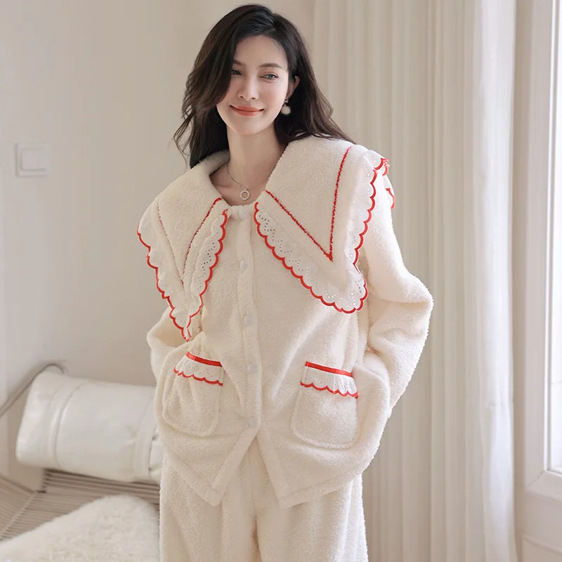 

Autumn And Winter 2022 New Flannel Women's Pajamas Suit, Soft, Warm And Thickened, High-grade Home Clothes, Casual Pajamas L Xl