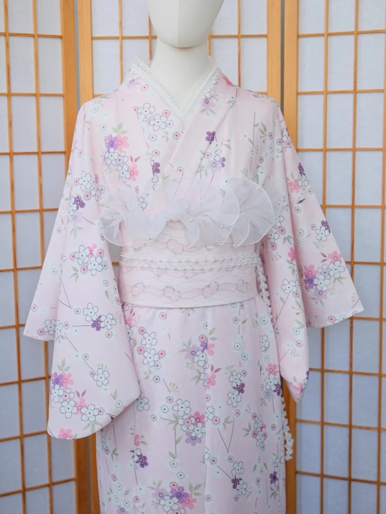 

Women Japanese Traditional Kimono Pink Color Floral Prints Modernized Yukata Cosplay Costume Photography Dress