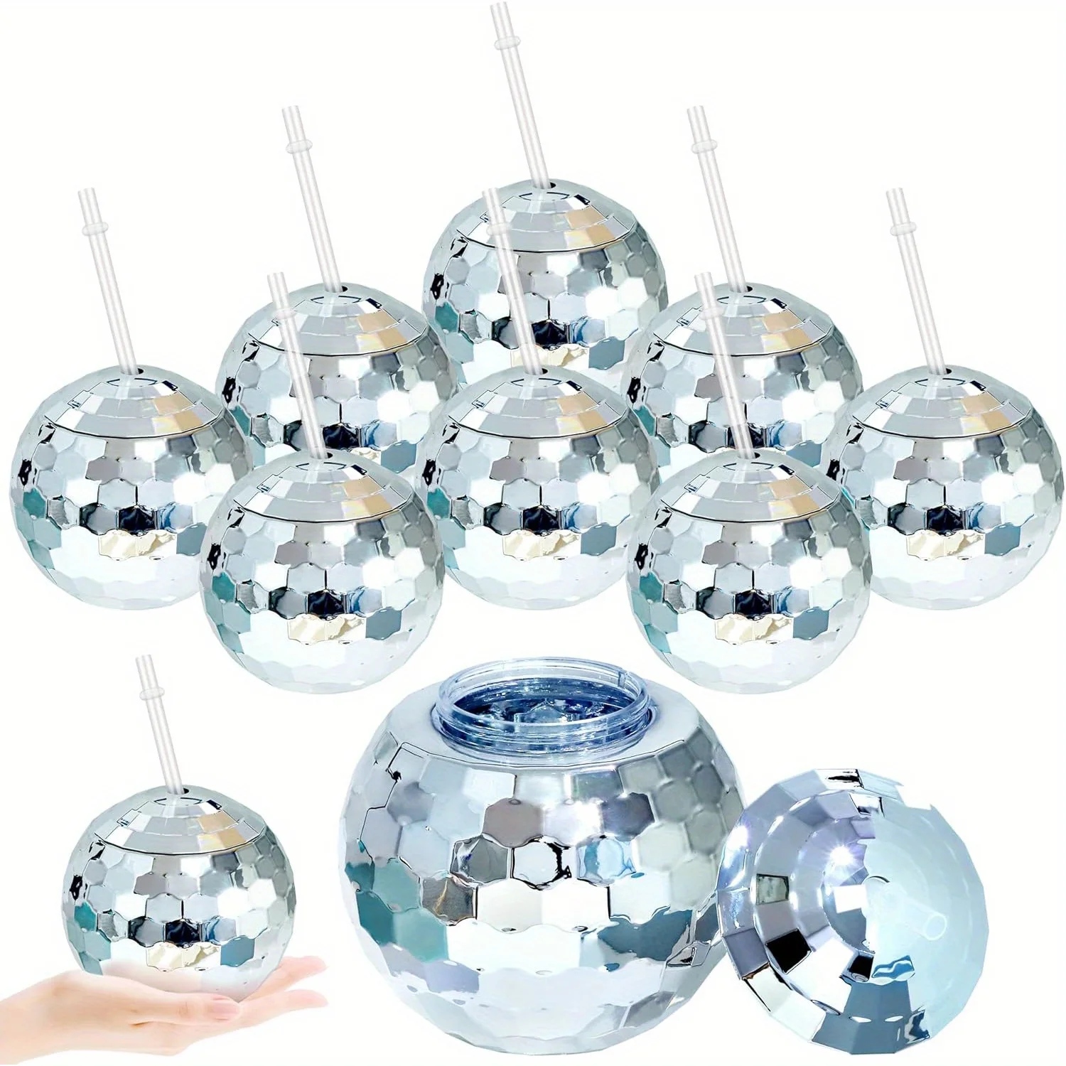 

10pcs 20oz 70s Disco Flash Ball Cups with Lid & Straw - Reusable Mirror Disco Party Cups for Bar, Pool & Beach