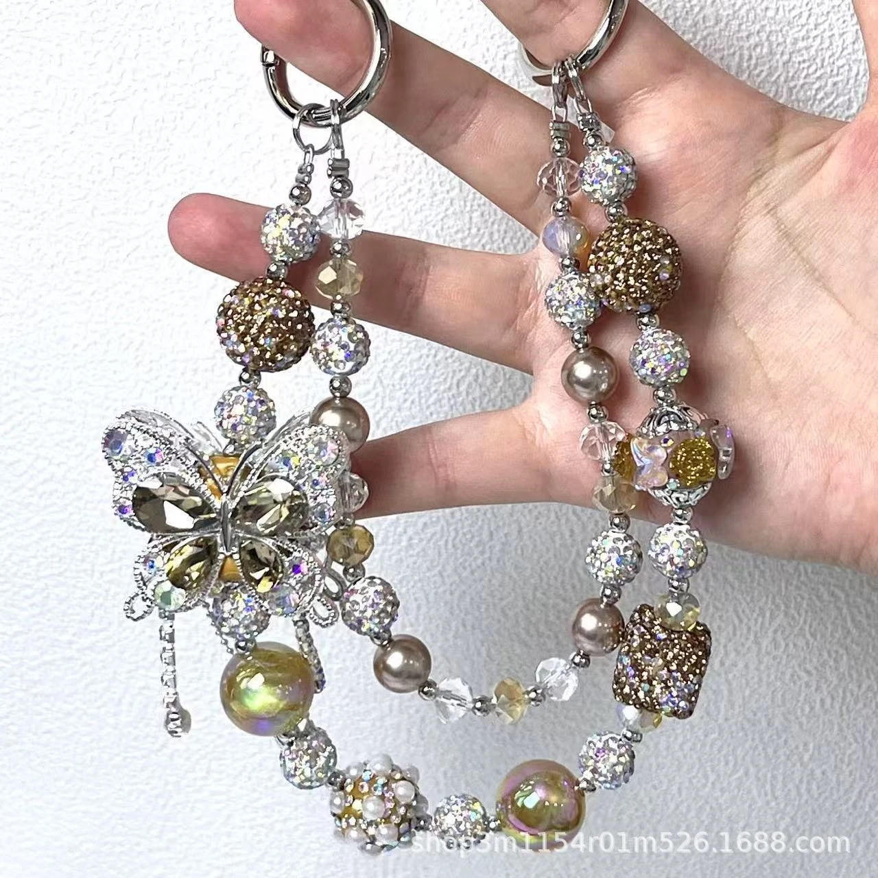Green Bling Butterfly Keychain Rhinestone Beaded Phone Charm Chunky Crystal Bag Charm Gym Bag Charm Carabiner Bulk Wholesale Set