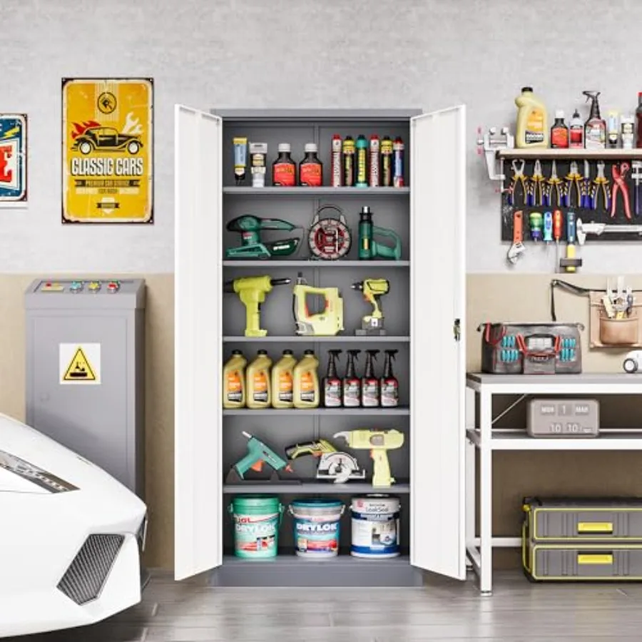 Metal Cabinet, Locking Storage Cabinet with 2 Doors and 5 Adjustbale Shees, 72