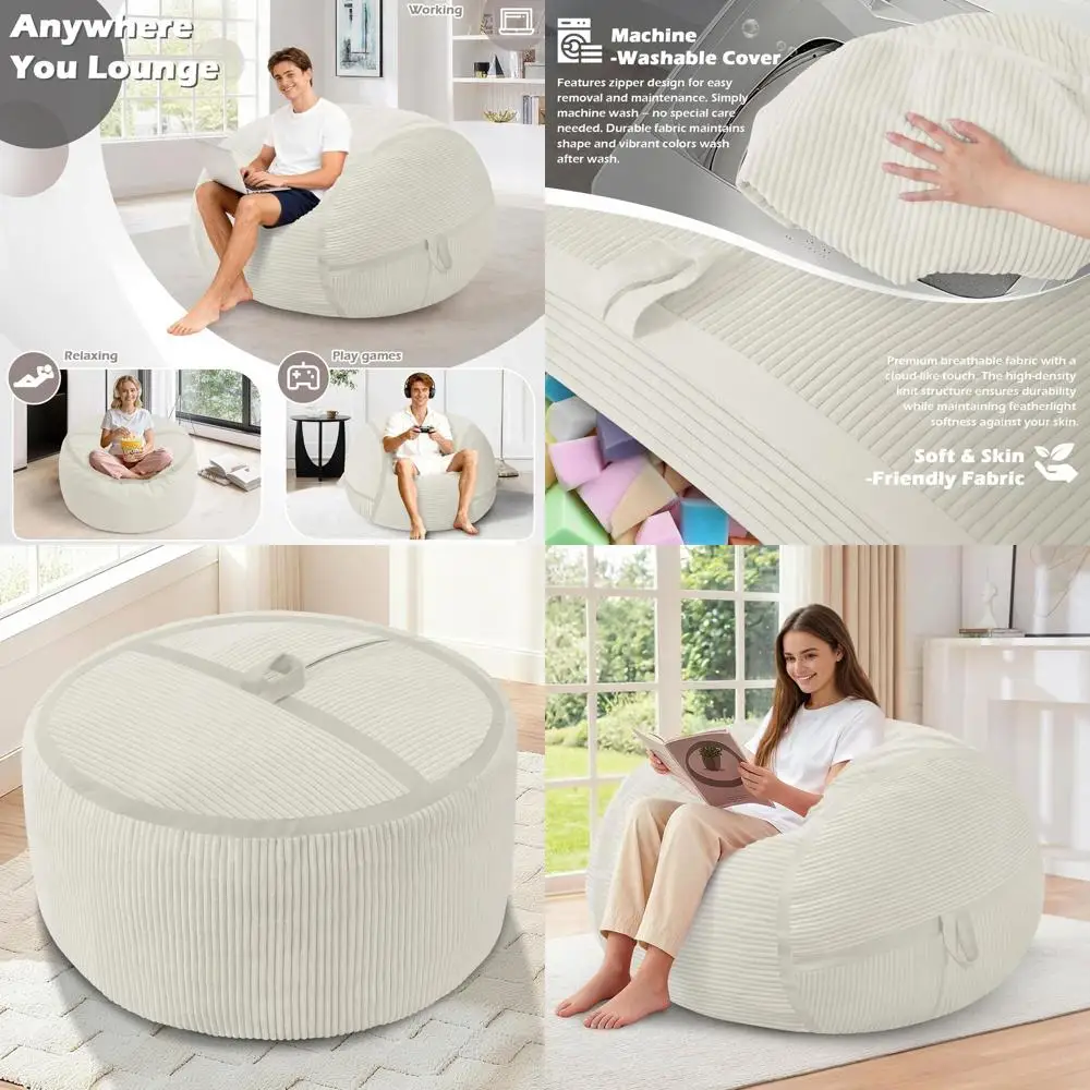 

Большое кресло-мешок 3T с наполнителем из пены с эффектом памяти, ультрамягким вельветовым чехлом, застежкой-молнией, портативной ручкой — идеально подходит для дивана или гостиной/спальни.