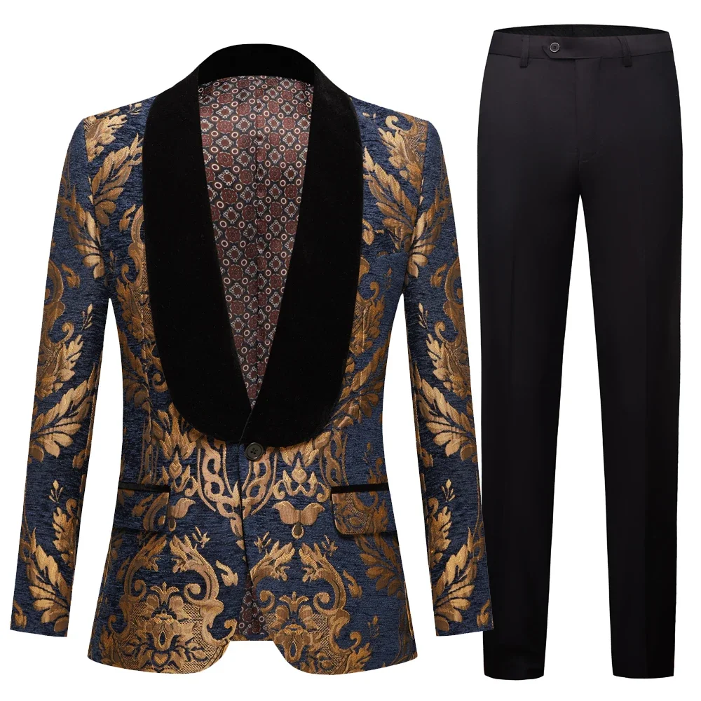 

Gold Floral Jacquard Prom Men Suits Blue Shawl Lapel 2 Piece Slim Fit Groom Tuxedo Male Fashion Costume Blazer Vest with Pants