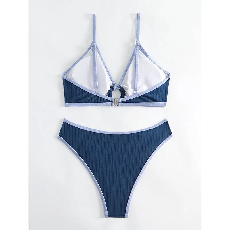 섹시한 블루 패치워크 비키니 세트 투피스 끈 메탈 링 수영복 비치웨어 비키니 탱키니