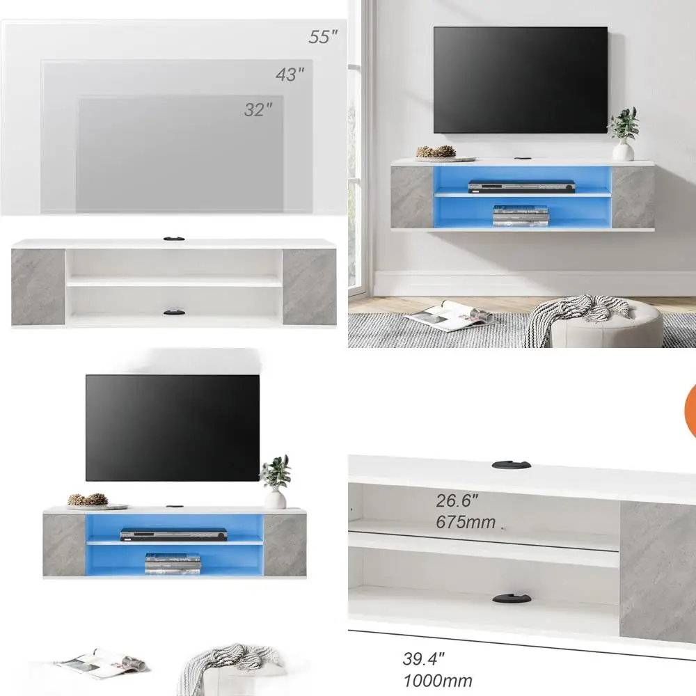 

Wall-Mounted Floating TV Stand with Blue LED, Entertainment Center, Grey White, 39.4
