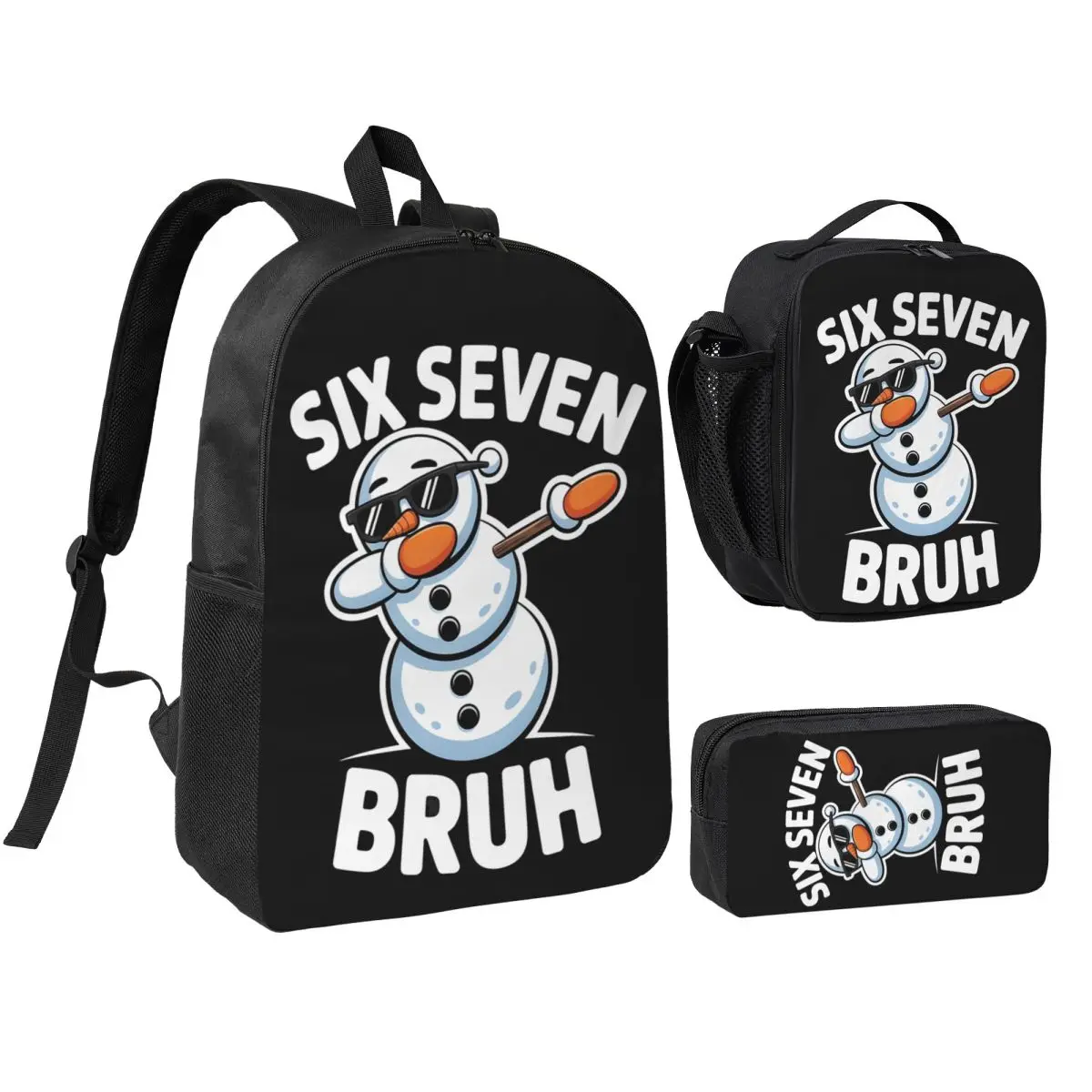 Bruh 67 Snowman Six Seven Meme Christmas 3pecs/set Backpack for Student High School Canvas Bags Lunch bag Pencil Case