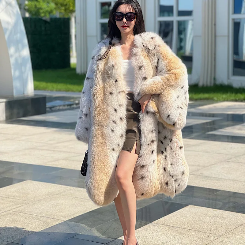 2024New V-Neck Spotted Fox Fur Flare sleeve Coats Women Winter Warm Outerwear High Quality Genuine Fox Fur Thick Fur Coat