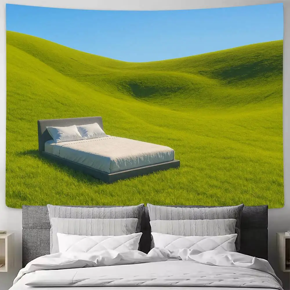 Surreal Green Grass Hill Bed Wall Tapestry Minimal Bright Meadow Rolling Hills Nature Calm Landscape Backdrop Bedroom Decor Gift