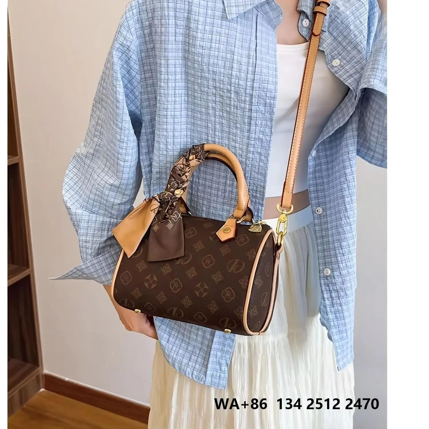 

Retro letter mini Boston bucket bag, top handle decorated with a scarf, adjustable crossbody strap, metal studs on the bottom.