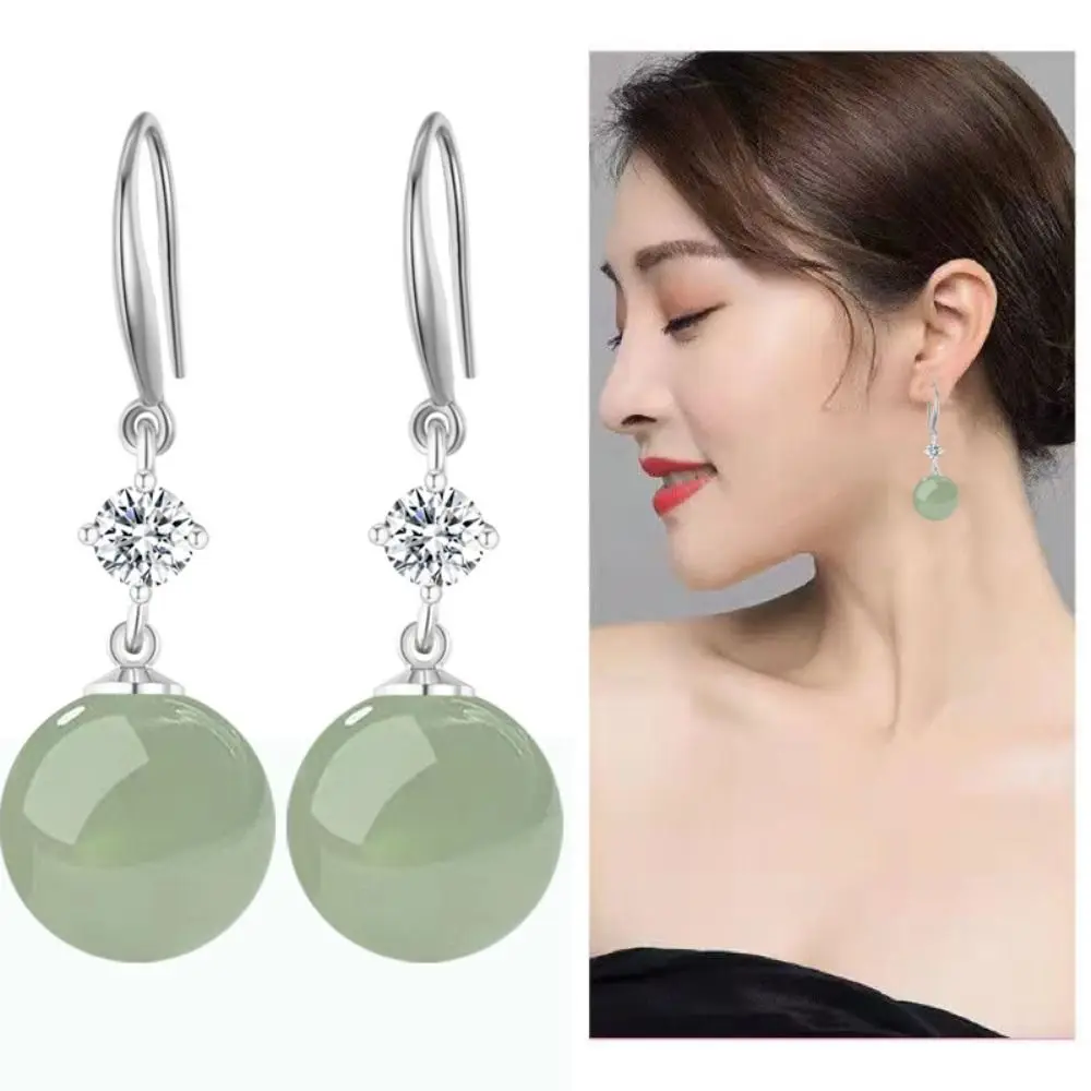 

Exquisite Ball Shape Long Earrings Shell Beads Simulation Green Jade Drop Earrings Temperament Rhinestone Ear Hook Female