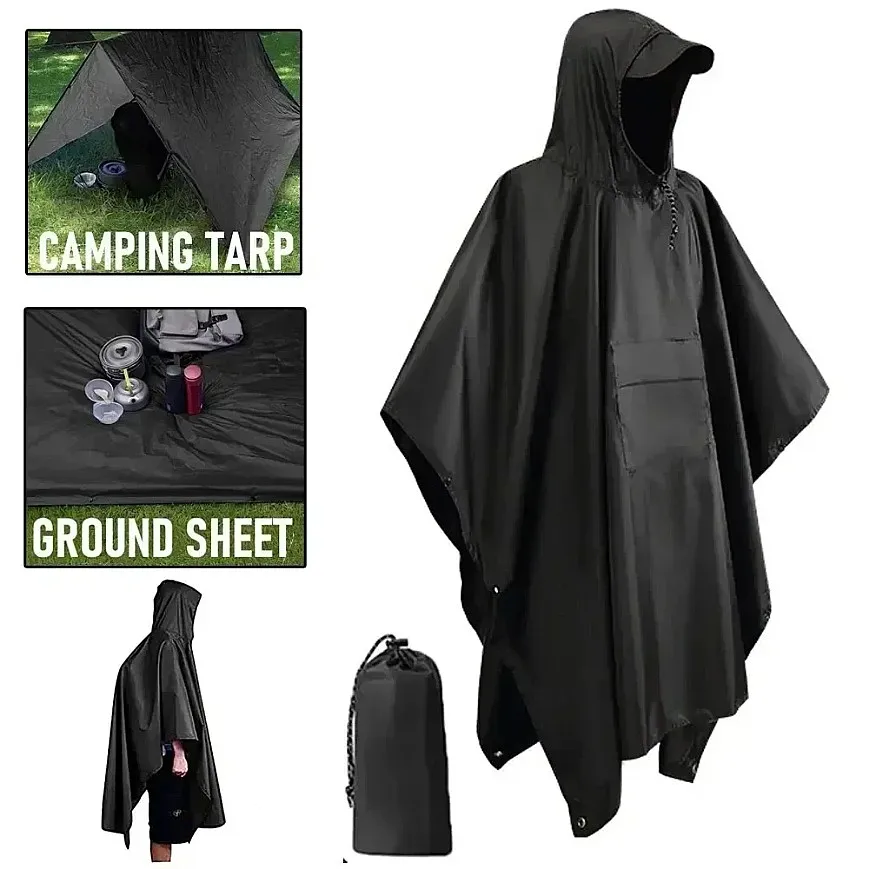 Multipurpose Outdoor Rain Poncho Hoodie with Sleeves for Motorcycle Camping Hiking Travel