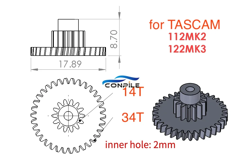 1pc outer 34T inner 14T gear for TASCAM 112MK2 122MK3 cassette deck player