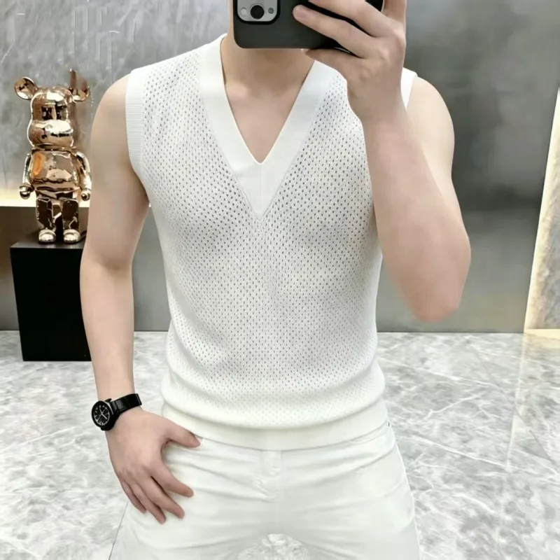 2026 Summer V-neck Ice Silk Knitted Sleeveless T-shirt for Men Solid Color Short Sleeved Vest Basic Casual Business Base Shirts