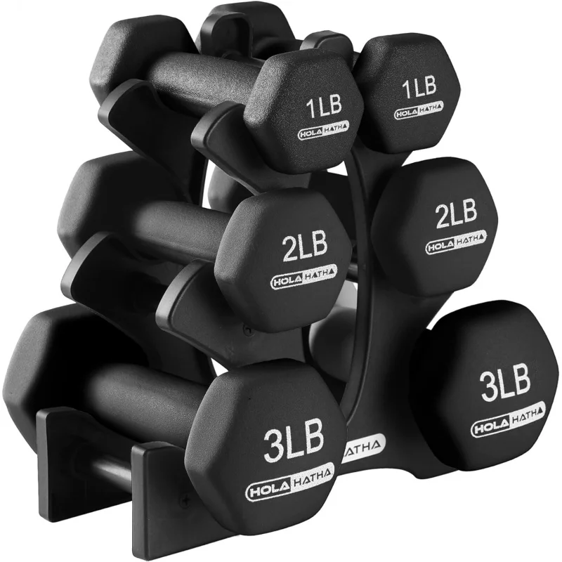 HolaHatha 2, 3, 5, 8, and 10 Pound Neoprene Dumbbell Free Hand Weight Set with Rack, Ideal for Home Exercises to Gain Tone and D