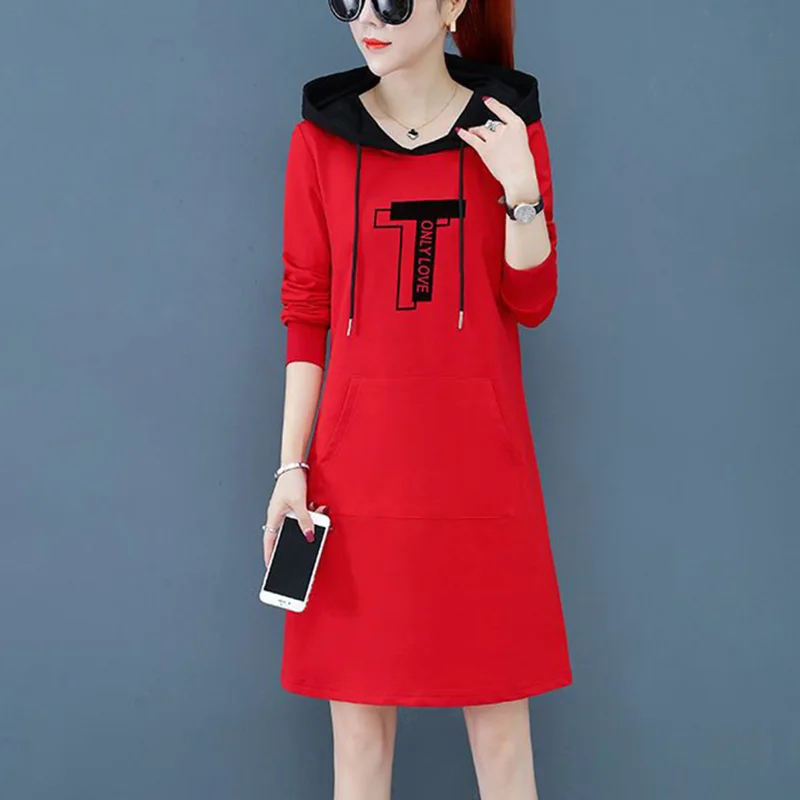 Fashion Hooded Spliced Pockets Letter Casual Dresses Female Clothing 2023 Autumn New Long Sleeve Loose Korean Mini Dress