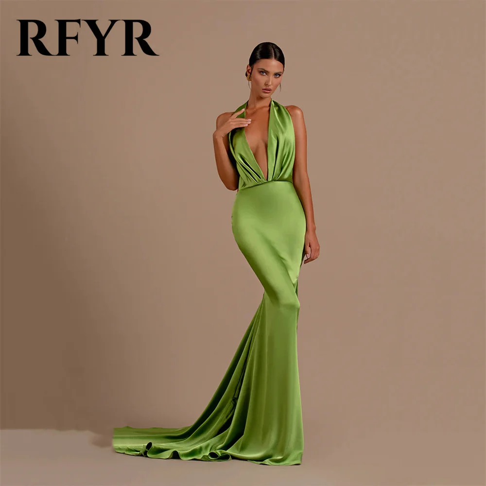 

RFYR Sexy Deep V Neck فساتين سهرة Halter Pleat Prom Dress Stain Mermaid Party Dresses Sleeveless Backless Formal Occasion Dress