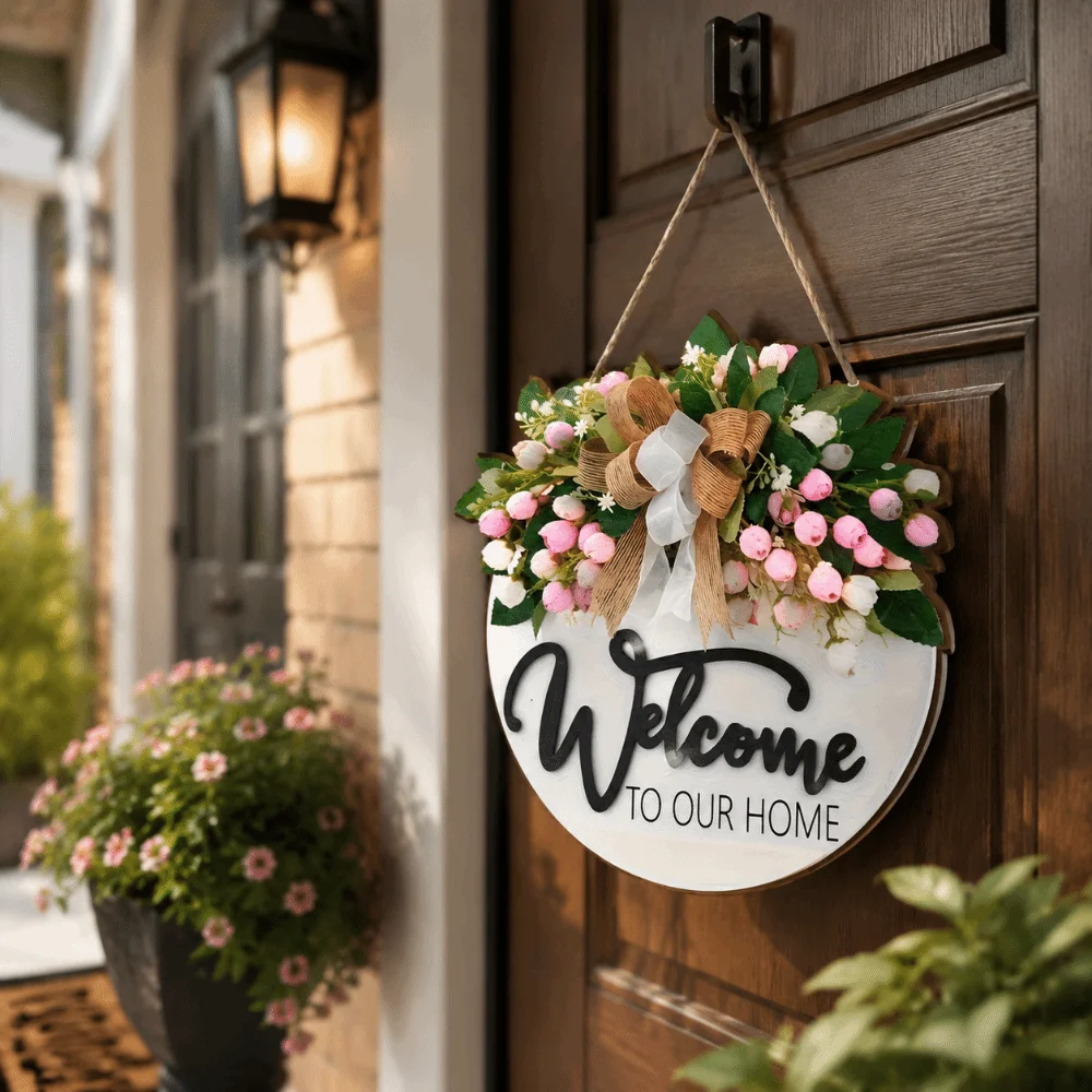 Ornaments 2D Flat Welcome Sign Wooden Flower Door Wreath Round Shape Bow Knot Wall Art Wall Decor