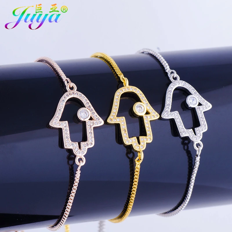 Juya Micro Pave Zircon 18K Gold Plated Copper Hand Of Fatima Hamsa Charms Adjustable Bracelets Supplies