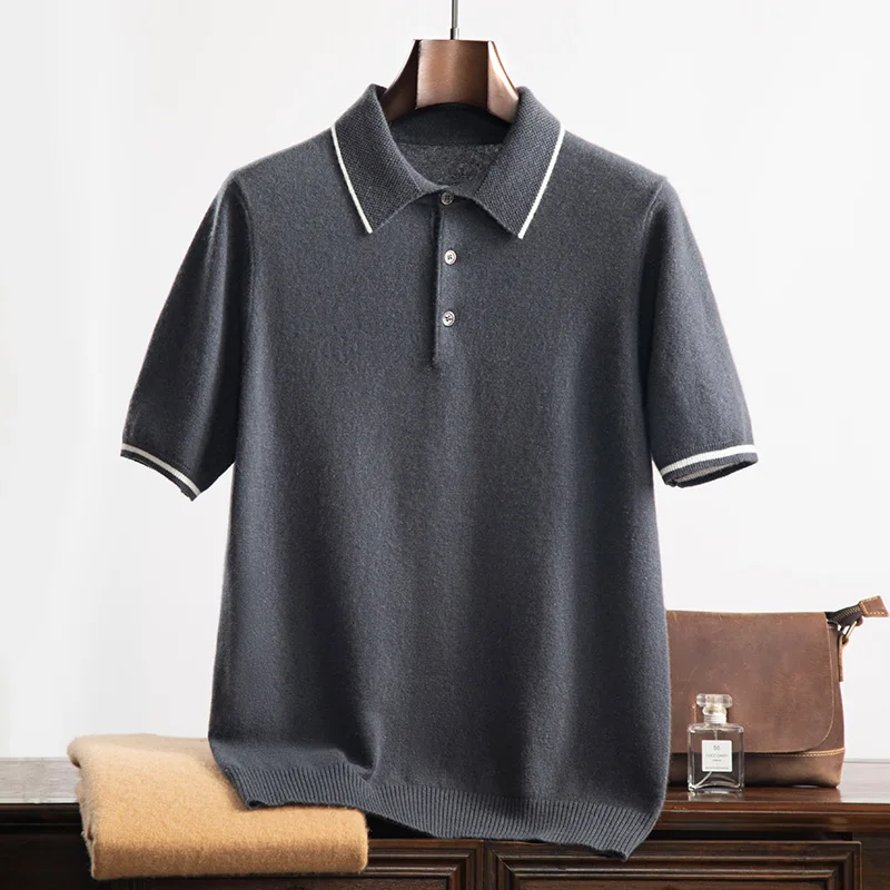 100% Goat Cashmere T-shirt Men's POLO Collar Short Sleeve Pullover 2026 Spring/Autumn New Fashion Knit Business Casual Tank Tops