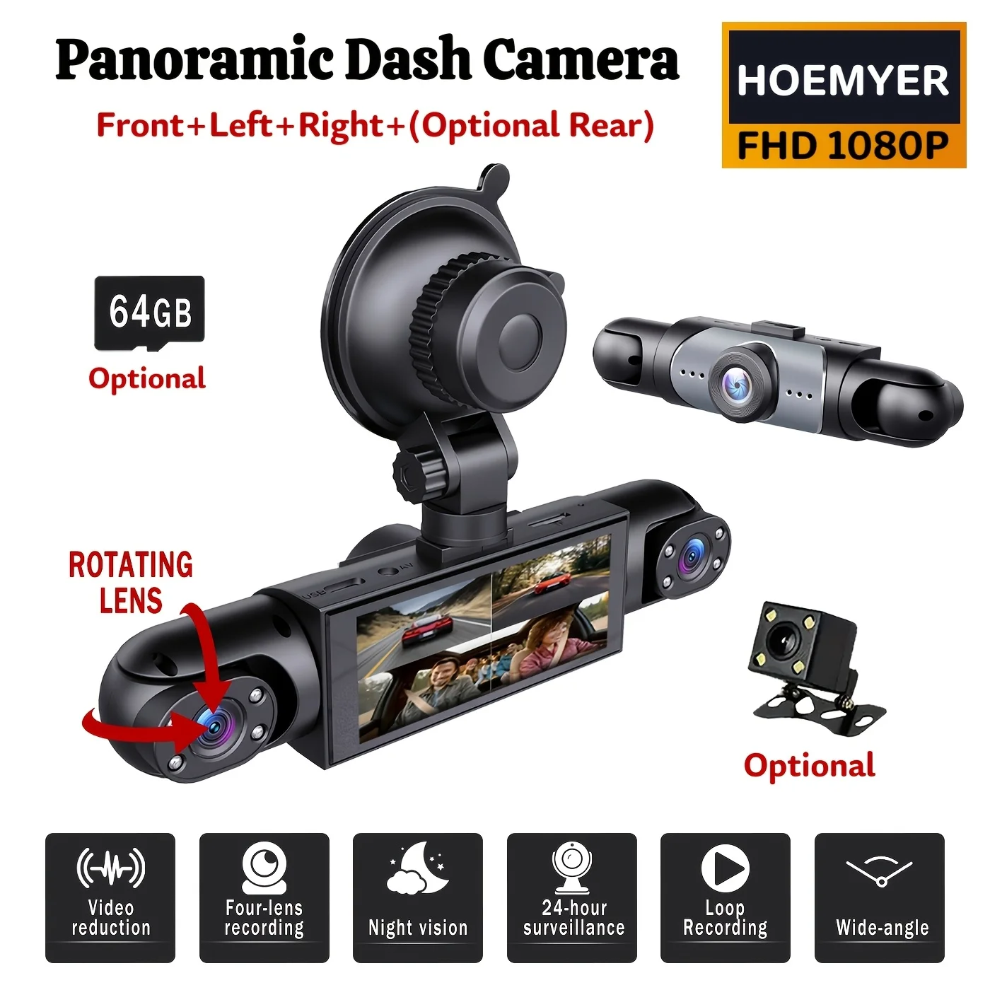 

BCUOZ 360° Panoramic 3/4-channel 1080P Car Dash Cam Kit, 1080P Front And 720P Full Coverage for Rear/Left/Right, Four-screen Sim