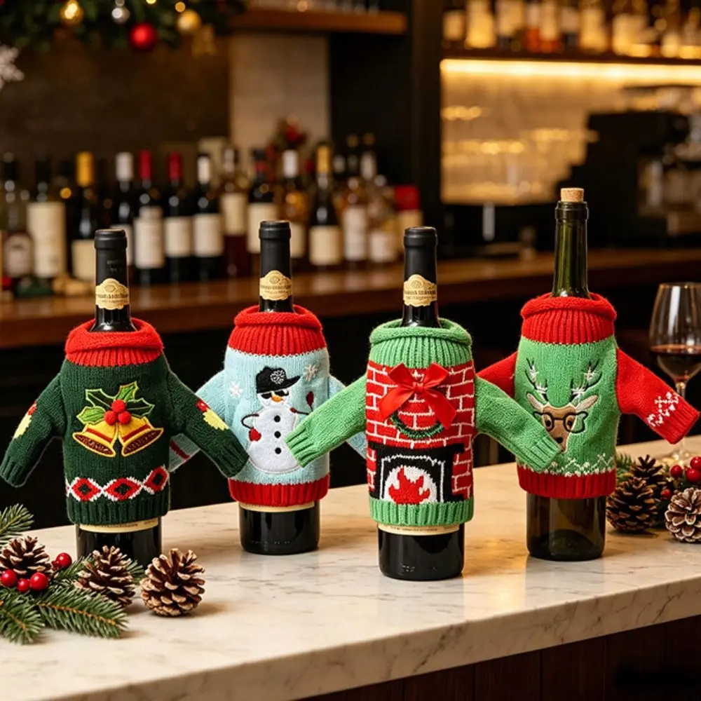 Elk Wine Bottle Cover Snowflake Reusable Cover Christmas Knitted Bottle Cover Reindeer with Mini Santa Hat Beer Bottle Cover