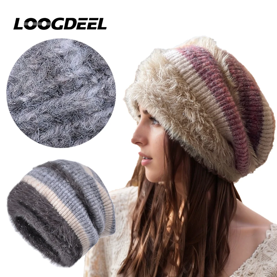 LOOGDEEL High Elasticity Warm Plush Ear Protection Pullover Hat Versatile And Small Face Plush Sequins  Winter Stacked Hat
