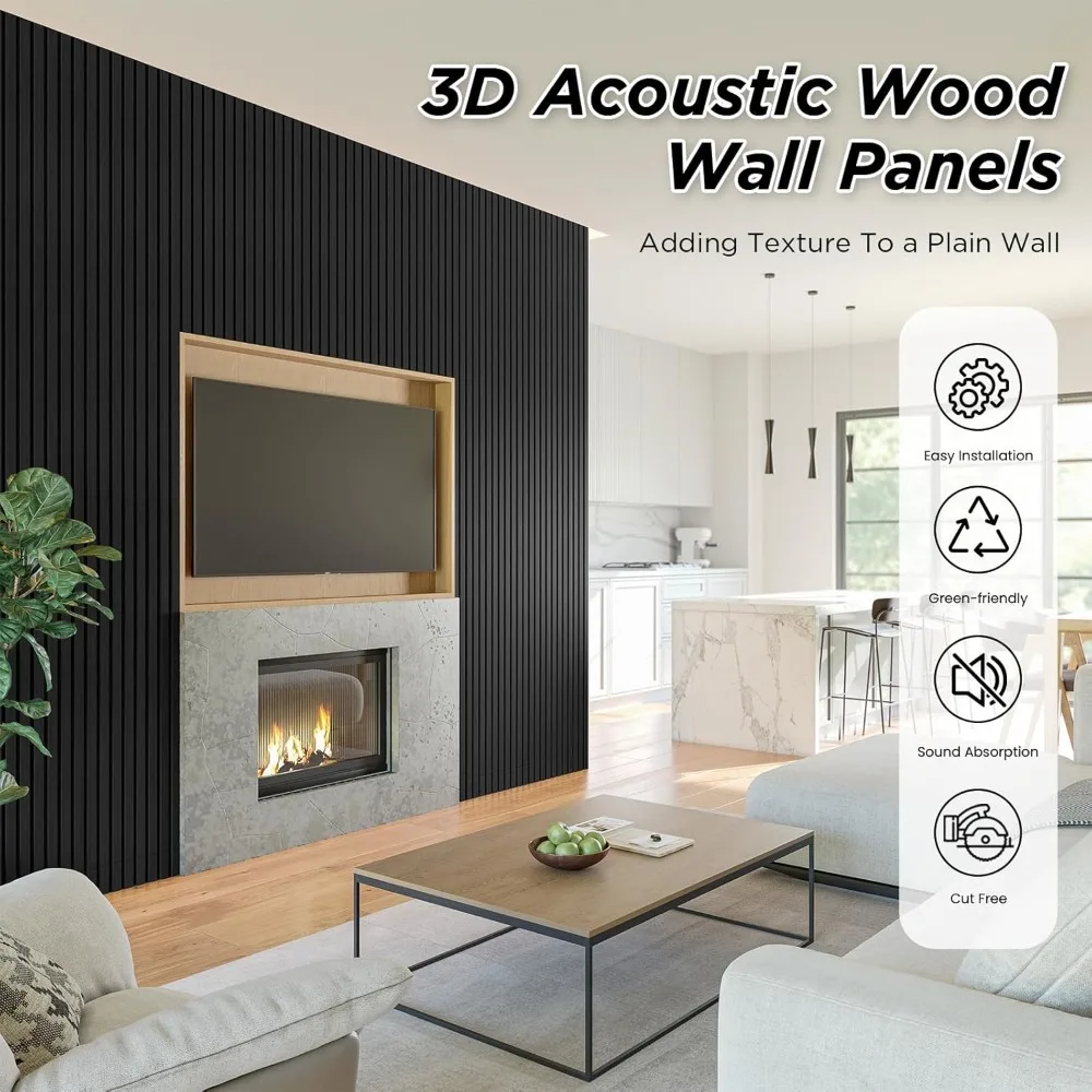 Paquete de 4 paneles de pared de listones de madera de 105,9 x 12,6, paneles de pared de madera insonorizados, paneles de madera acústica para pared, estriados 3D