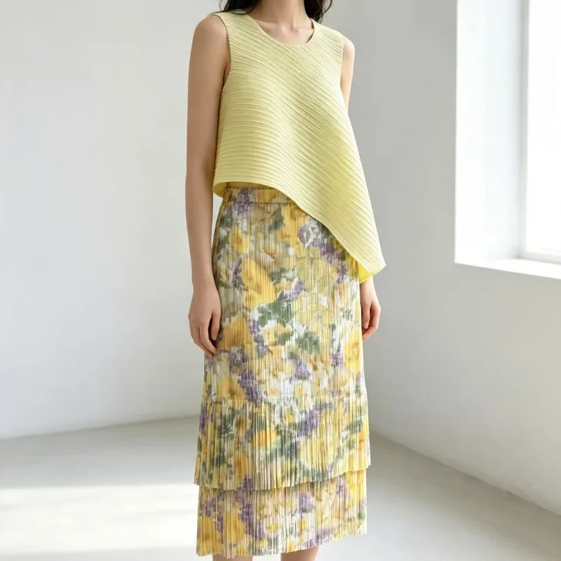 Miyake Pleated 2026 Summer New Original Digital Print Straight Double Layer Flowing Women's Skirt Casual Elegant Slimming Pleat