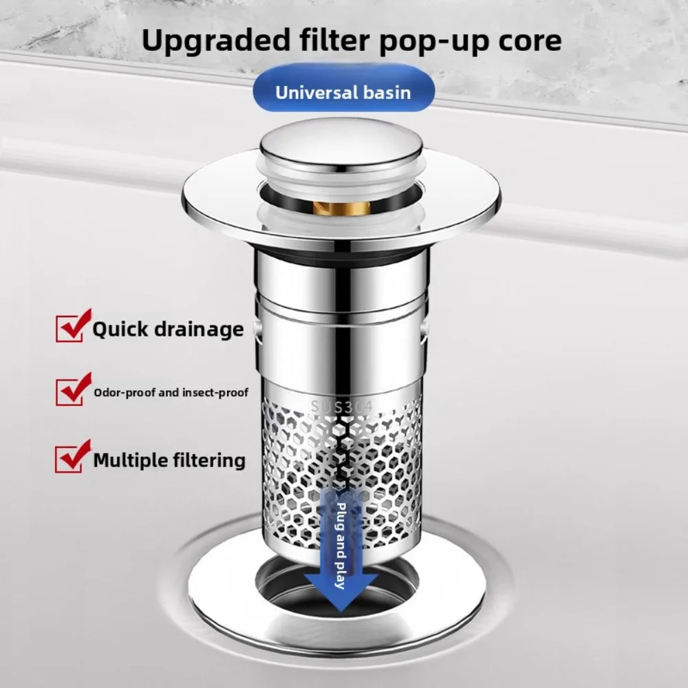 Drain Filter for Bathroom Sink, Stainless Steel Mesh Strainer with Anti-Clog Bouncing Mechanism, Compatible with Most Washbasins