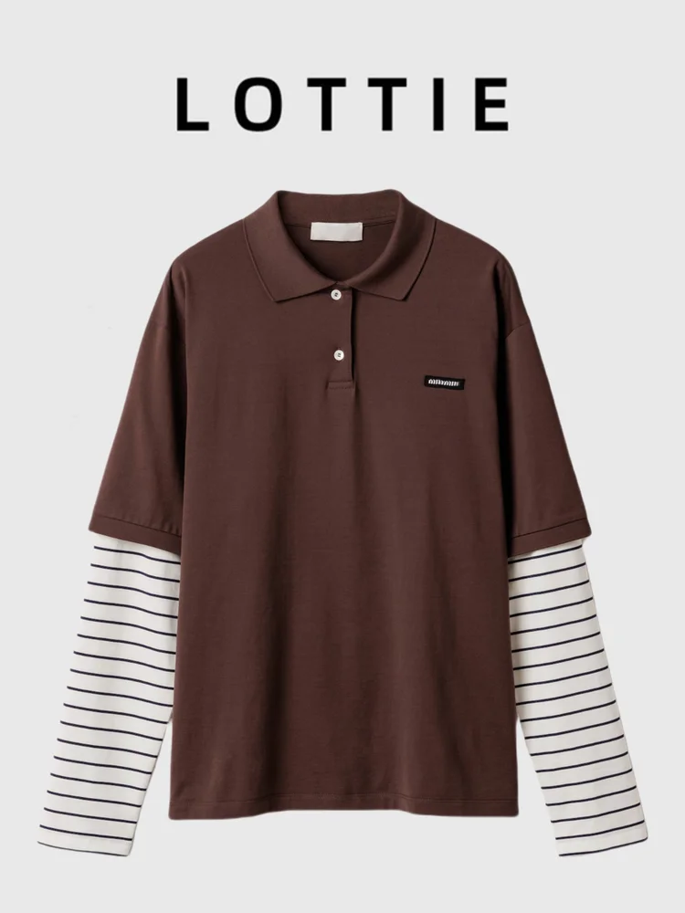 

Женская футболка Lotton High-End с длинным рукавом, в стиле пэчворк, с буквенным логотипом, имитация двухслойности, в полоску, свободного кроя, для повседневной носки