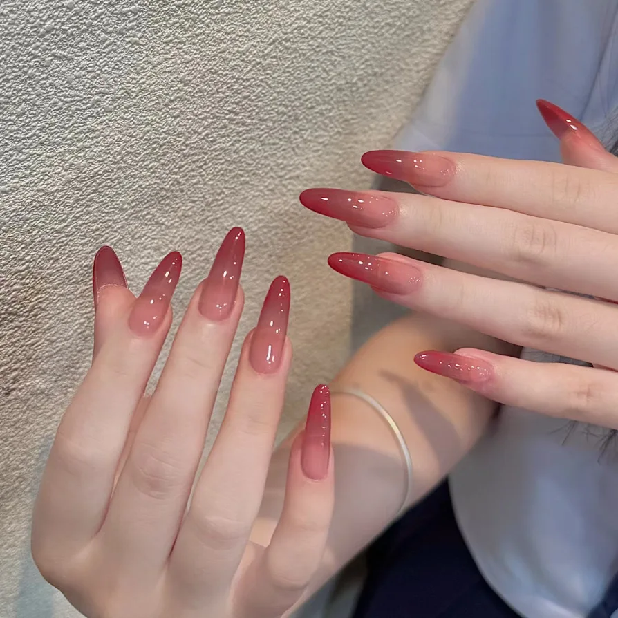 24 piezas uñas postizas stiletto largas nude beige y blanco lechoso, brillantes, con pegamento, listas para usar 6