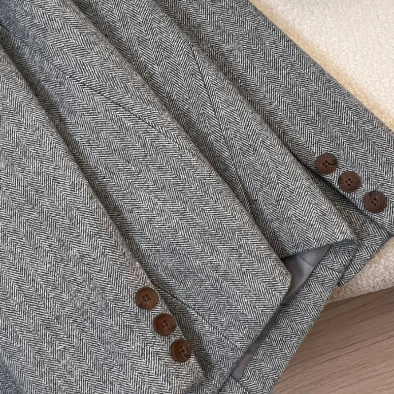 Women Grey Herringbone Pattern Woolen Suit Jacket 2026 Autumn Winter Retro Commuting Casual Top Female Single Breasted Blazers