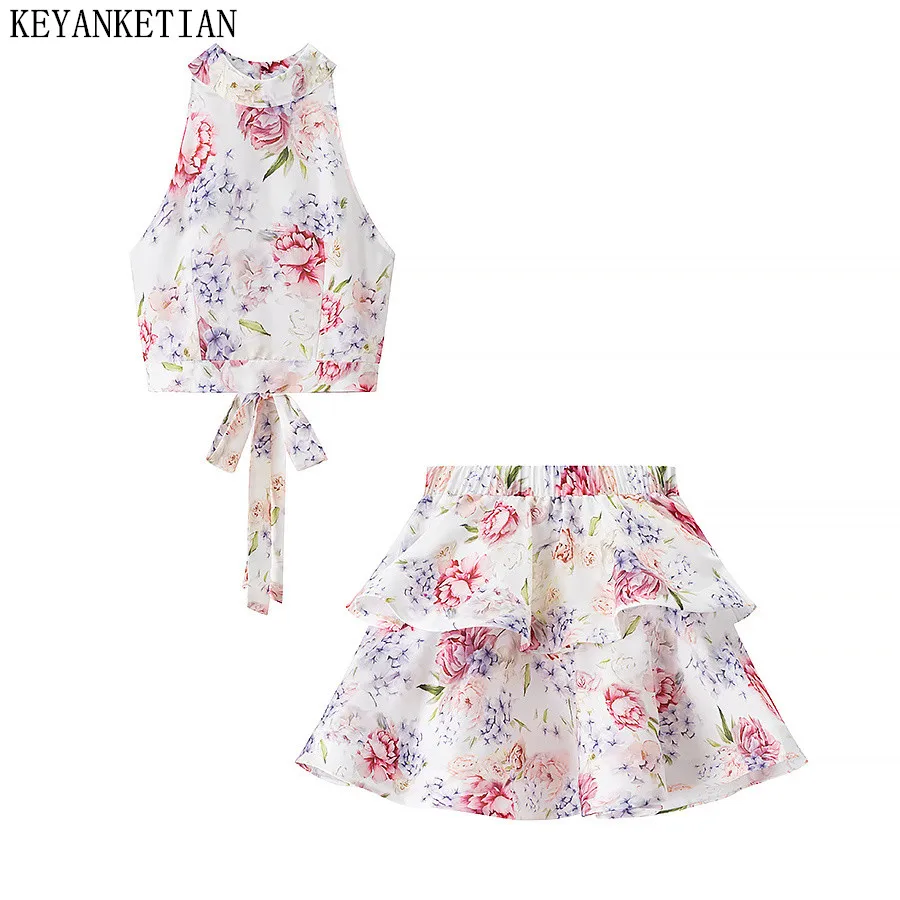 

KEYANKETIAN 2025 Summer New Bow Lace Up Backless Halter Crop Top Elastic Waist Tiered Puffy Skirt Women's Flower Print Two-Piece