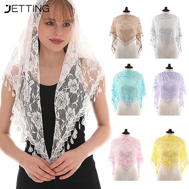 1PC DIY Accessories Fashion Lace Tassel Sheer Triangle Scarf Women Solid Hollow Out Floral Scarves Shawls